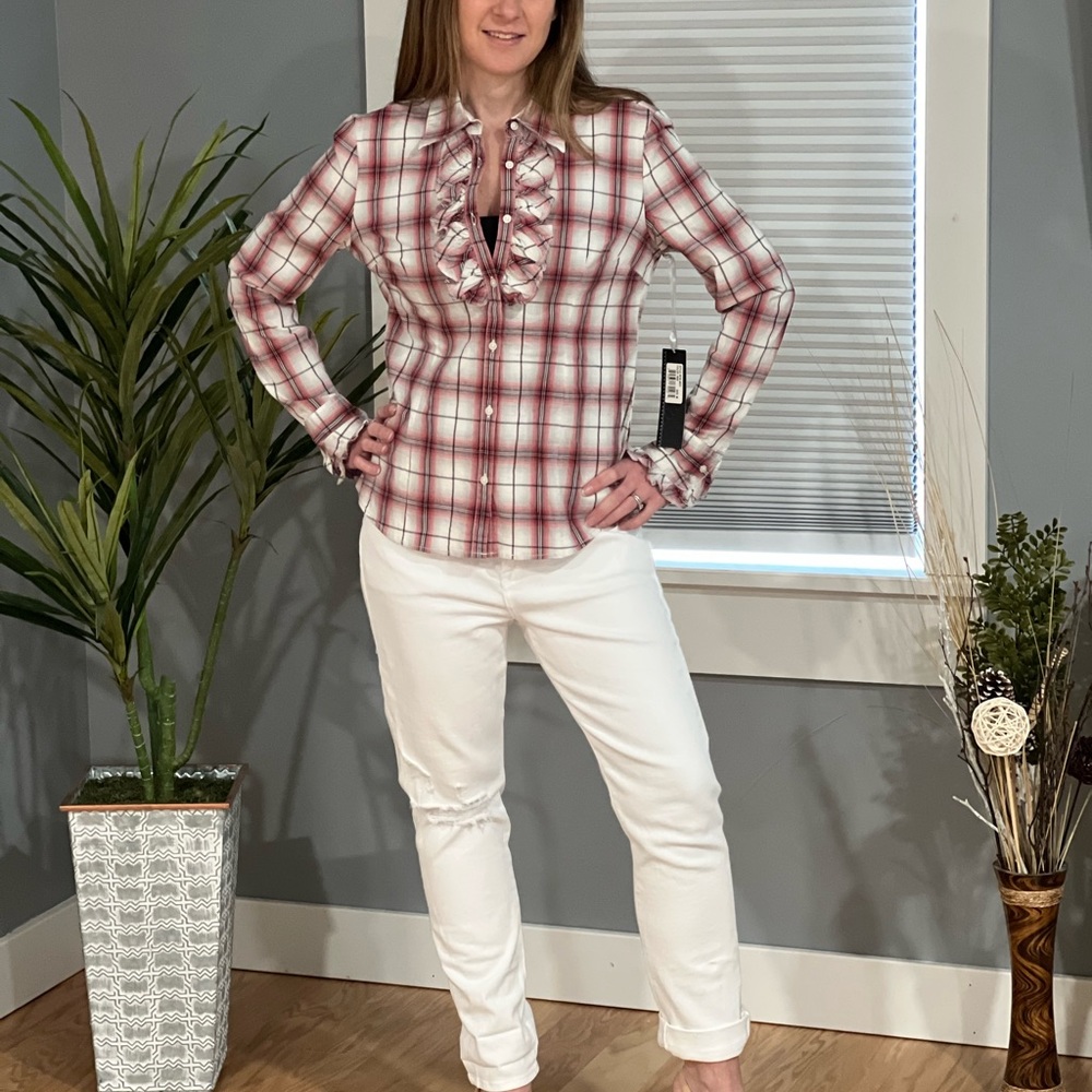 NWT: YANUK DENIM Victoria Ruffle Red Plaid Long Sleeve Button Blouse Shirt SZ M